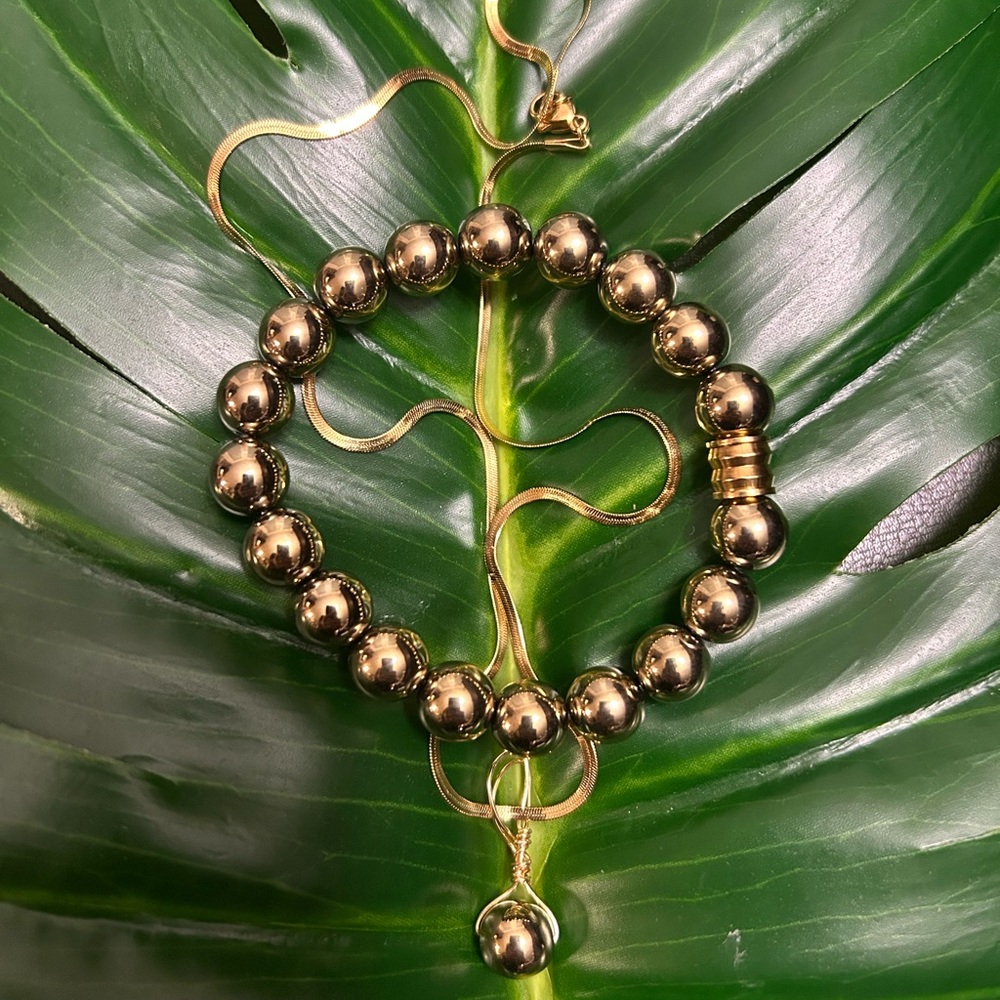hand crafted GORGEOUS chunky gold hematite crystal necklace & bracelet set